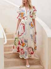 Load image into Gallery viewer, Print Dresses For Women Summer V-neck Button Short Sleeve Dress