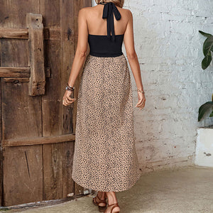 New European And American Summer Women's Leopard Print Halter Irregular Slit Dress